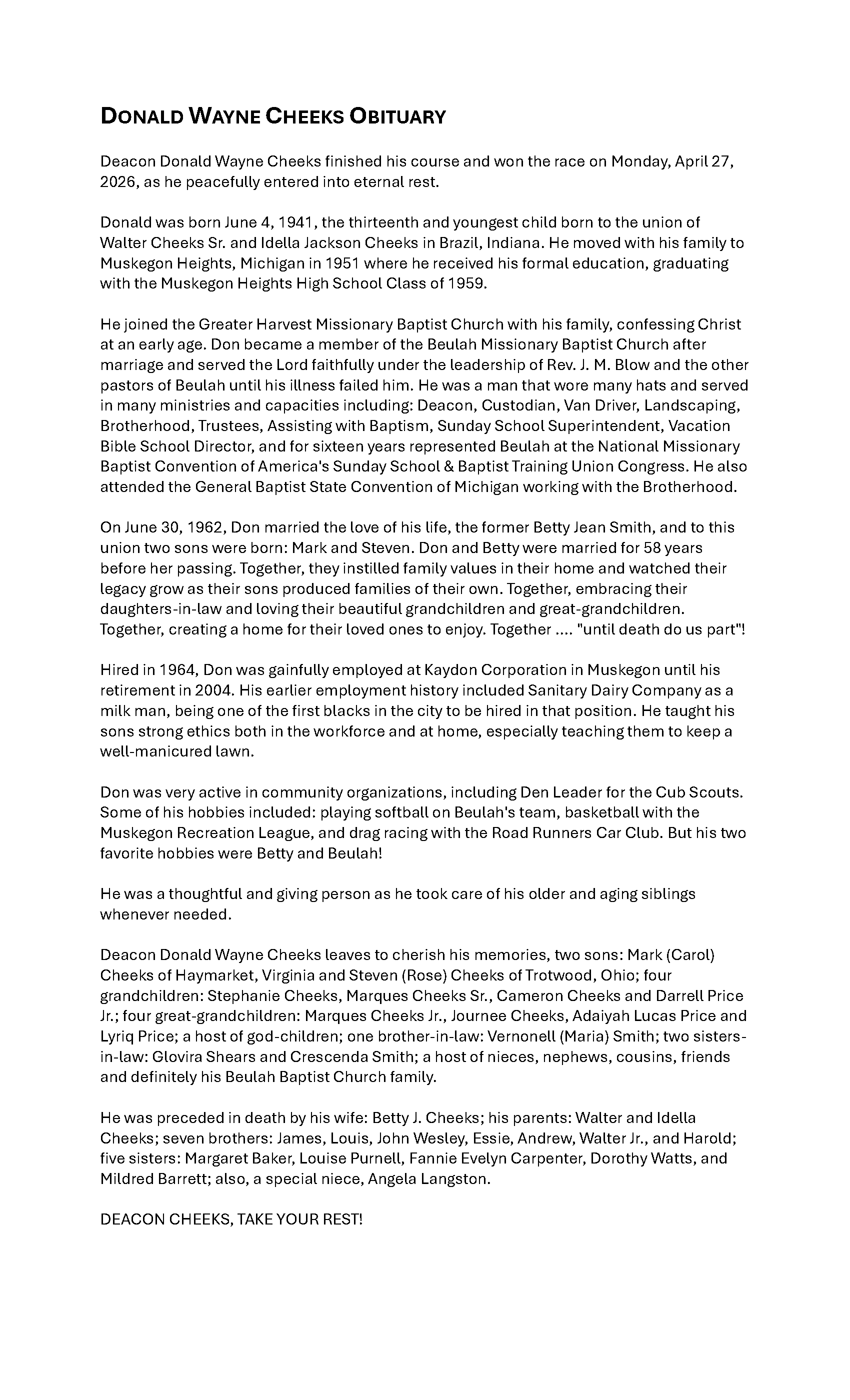 Donald Wayne's Obituary